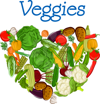 Healthy heart, composed of fresh vegetables such as tomato, potato, onion, carrot, cabbage, corn cob, cucumber, eggplant, green pea, cauliflower, zucchini, asparagus, garlic, beet and broccoli with te