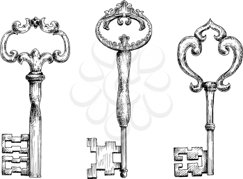 Decorative vintage skeleton keys isolated sketches, adorned by curly elements. Nice in medieval stylized design, security, tattoo and interior accessories design