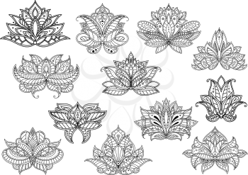 Oriental outline paisley flowers with ethnic persian, indian and turkish openwork motifs. Floral elements for textile, interior accessories or carpet pattern design