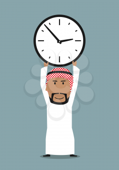 Time management or time is money business concept. Smiling cartoon arabian businessman holding office clock above head