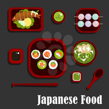 Japanese seafood and dessert flat icons with sushi rolls and salmon, avocado and red caviar, soy and wasabi sauces, grilled fish with lemon and cucumber, green tea soup with mushrooms and dango dumpli