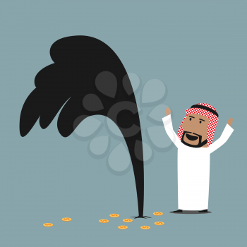 Cartoon wealthy and lucky arabian businessman standing near an oil gusher and celebrating successful discovery of oil well. Success, wealth or oil industry theme design