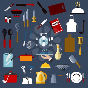 Kitchen utensil and dishware flat icons of chef hat, pots, knives, cutting boards, forks, spoons, ladles, spatulas, whisks, kettle, plates, trays, coffee pot and apron, menu, jug, colander, pepper and