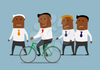 Competitive and skills advantages or business competition concept. Confident smiling cartoon dark skinned businessman riding on bicycle and leaving his competitors behind