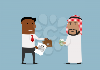 International agreement, partnership or global market business concept. Cheerful cartoon arabian and african american business partners signing contract and exchanging documents, money and part of bus