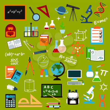 School supplies and education flat icons with pencils, books, rulers, notebooks, calculator, blackboards, globe, computer, backpacks, microscopes, stationery, atom, dna, magnifier, laboratory glass, t