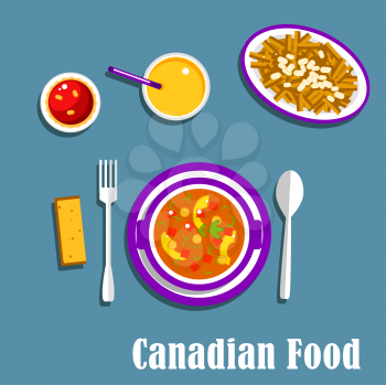 Vegetarian dinner of canadian cuisine with poutine, french fries, cheese curds and brown gravy, vegetable stew with dumplings, butter tart and orange juice. Flat style