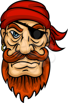 Cartoon portrait of redhead pirate sailor character with curled mustache and beard, eye patch and bandanna. Marine piracy and adventure theme usage