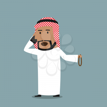 Cartoon arabian businessman with prayer beads in hand talking on the mobile phone. Business concept of communication and mobile technology design