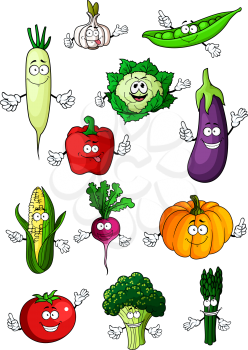 Healthful organic fresh cartoon tomato, eggplant, bell pepper, green pea, broccoli, radish, pumpkin, corn, cauliflower, asparagus, garlic and daikon vegetables. Happy veggies characters for recipe boo