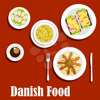 Danish cuisine flat icons with traditional mashed potatoes topped with fried bacon and onion, pea soup, steamed cod, open sandwiches on rye bread with shrimps, cup of coffee