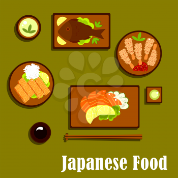 Japanese cuisine flat icons with salmon sashimi, served with cucumber and lemon, wasabi and soy sauces, deep fried tempura shrimps with sesame seeds and tomatoes, chicken teriyaki with rice and cup of