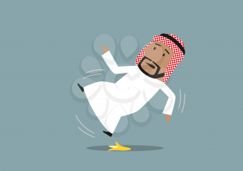 Arabian businessman in national costume slipped on a banana peel and falling down, waving hands in the air. Accident, injury and banana slip concept design