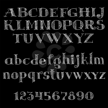Chalk alphabet letters and numbers on blackboard with uppercase and lowercase letters, decorated by hatching, sketch style. Chalk serif font or type for education, menu and typography design