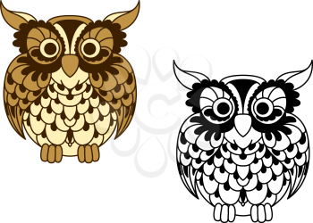 Vintage cartoon and outline colorless owl bird with brown openwork plumage and ornamental feathers around eyes. Great for education mascot, nature symbol or t-shirt print design