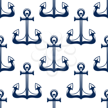 Seamless old ships anchors pattern with blue vintage nautical anchors over white background. Navy heraldry or marine journey background design usage