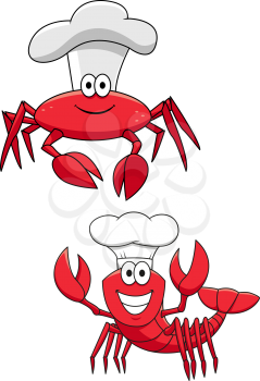 Cartoon funny crustacean chefs characters with red crab and shrimp in cook hats. Use as addition to children books, mascot, seafood or restaurant menu design