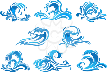 Sea and ocean waves icons set with blue water swirls, surf, splashes and flowing drops. Use as nature emblem, ecology symbol, summer vacation or travel design 