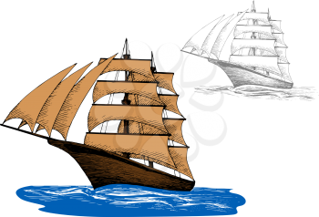 Old wooden sailing ship with pale brown sails among blue ocean waves, including second variant in gray colors. Marine travel, yacht racing or ocean cruise design. Sketch