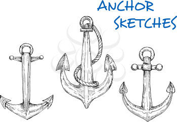Nautical sketch of old ship anchors icons with rings and attached rope. Navy emblem, nautical heraldry symbol or vintage embellishment design usage