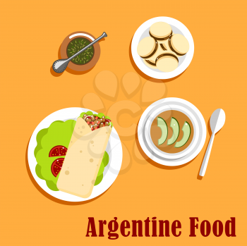 Argentine lunch and dessert food flat icons with empanada, stuffed with beef, tomatoes, beans and onion, served on lettuce, vegetable stew with sliced avocado, alfajor cookies with milk caramel and ma