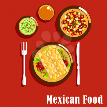 Spicy mexican cuisine food icons of enchiladas, served with beans, tomatoes and cheese sauce, green salsa verde and red salsa roja sauces with herbs and chilli pepper, summer salad with fresh vegetabl