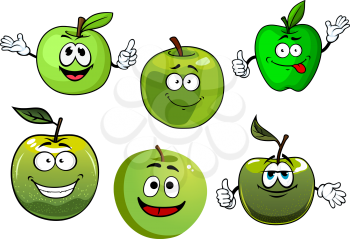 Friendly smiling healthy cartoon green apple fruits with fresh farm granny smith apples with leaves. Set of funny fruits characters for healthy food, vegetarian dessert, agriculture harvest design