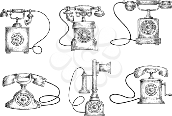 Retro telephones sketches with vintage candlestick and rotary dial phones. Obsolete communication technology objects