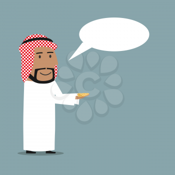 Happy cartoon arabian businessman standing with golden dollar coins in hands and blank speech bubble above head. Bonus, payment, wealth or corruption concept 