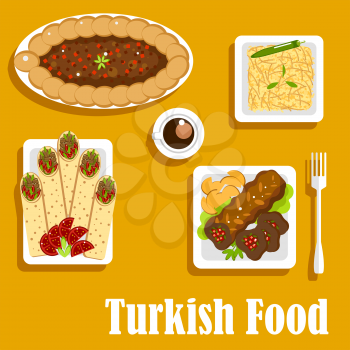 Authentic turkish cuisine food with kebab filled with chilli peppers and herbs, served with potatoes and coffee cup, pilaf with orzo, shawarma durum with meat and tomatoes, pide pie with spinach and m