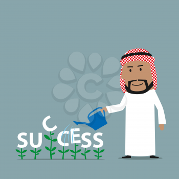 Cheerful cartoon arabian businessman grows a success. is watering green plants with a word Success with watering can. Growing business concept