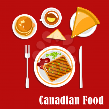Canadian cuisine breakfast icon with grilled peameal bacon, served with green peas, bread and ketchup, sugar pie, pancakes with maple syrup and tea with lemon. Flat style
