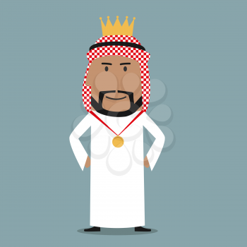 Business success, leadership or achievement theme concept. Proudly cartoon arabian businessman in golden crown
