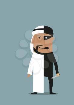 Arabian businessman with two personalities, one is successful entrepreneur in national garment and another as robber and thief with knife in black costume and mask. Criminal or illegal business themes