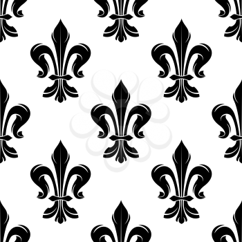 Black vintage fleur-de-lis seamless pattern on white background with floral ornament of french royal heraldry. Use as medieval interior accessories or wallpaper design