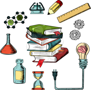 Knowledge, science  and web education design with a light bulb plugged into a tall stack of books surrounded by scientific and media icons. Colorful vector with flasks, tubes, bottles, pencil, hourgla