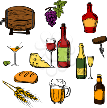 Alcohol drinks or beverages with bottles of wine, beer, champagne, brandy, filled wineglasses, wooden barrel, cocktail glasses, olives and some bread, cheese and grape for party or restaurant menu des