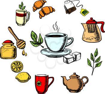 Herbal tea design with cup of hot tea on saucer, mint leaves, sugars, lemon and croissant surrounded teapots and cups, honey jar with dipper, tea bag, tea leaves and ginger. Vector icons