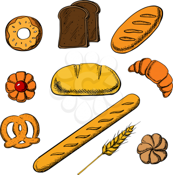 Fresh bakery icons with round loaf of rye bread encircled by long loaf, toasts, french baguette, salty pretzel and sweet cookie, donut, croissant and bun. Vector illustration