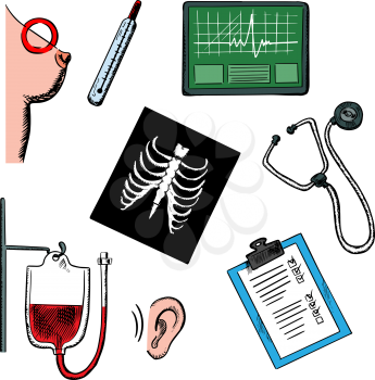 Medical diagnostics icons with chest x-ray, thermometer, blood test, stethoscope, hearing test, ecg, breast cancer test and clipboard with monitoring results for healthcare concept design