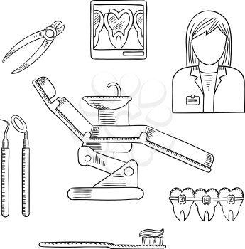 Dentist profession icons and symbols with doctor, equipment, tooth, braces, toothpaste and tooth brush