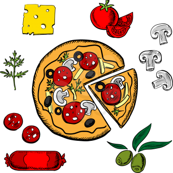 Cooked sliced italian pizza with salami, herbs, tomato, cheese, mushrooms and olives ingredients