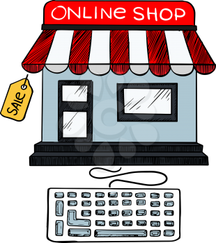 Online internet or e-commerce web shop sale icon of little store with red and white awning attached to a computer keyboard and a label Sale