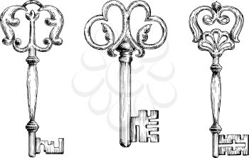 Medieval ornamental vintage keys composed with swirl elements and victorian leaf scrolls
