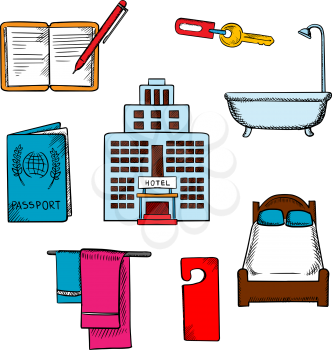 Hotel service and travel objects with room key, bed and bathroom, passport and booking, not disturb sign and towels