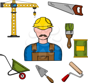 Builder profession and construction tools icons with man in yellow hard helmet and tower crane, hand saw and trowel, paintbrush and paint can, wheelbarrow and paint roller
