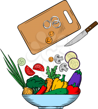 Vegetarian salad preparation process with garlic and mushroom, eggplant and carrot, onion and asparagus, parsley and potato, knife and cutting board