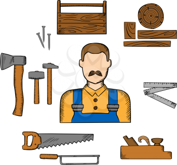 Carpenter profession elements with moustached man in overalls, timber and carpentry tools as hammers and axe, nails and wooden toolbox, handsaw and hacksaw, folding rule and jack plane