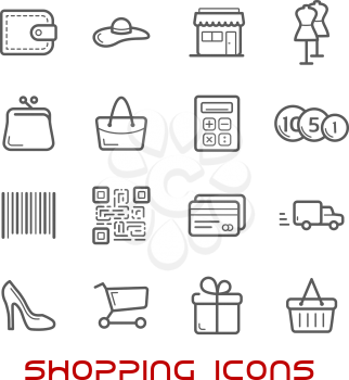 Shopping and retail thin line icons with shopping carts, basket and bags, credit card and wallet, money, delivery, barcode and store, qr code and gift box, calculator and shoes