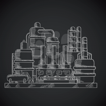 Oil refinery factory in outline style on chalkboard depicting an industrial plant for processing and chemical refining of crude oil